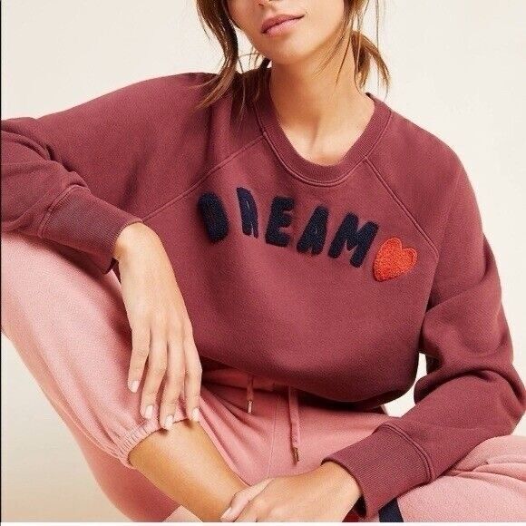 New Anthropologie Sundry Dream Maroon Cotton Cut Off Sweatshirt Sweater 1 - Picture 2 of 9